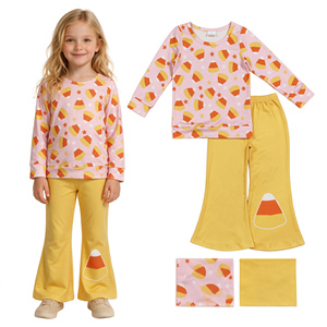 <b>Toddler</b> Girls Holiday Wear Cute <b>Halloween</b> Candy Corn Print Long Sleeve Top with Yellow Bell Bottom Pants Autumn <b>Outfit</b> - Product Image 1