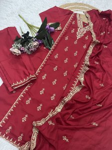 WOMEN CHANDERI SILK SALWAR KAMEEZ SET with EMBROIDERY and SEQUINS Quick Dry All Seasons for PARTY - Product Image 4