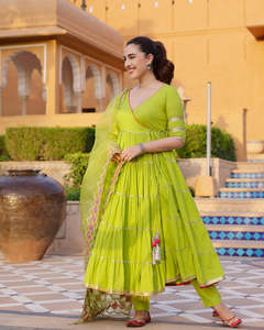 Màu Xanh lá cây bông anarkali kurta thiết lập với quần và dupatta mới angarakha phong cách sàn Dài váy kết hợp mê hoặc - Product Image 4