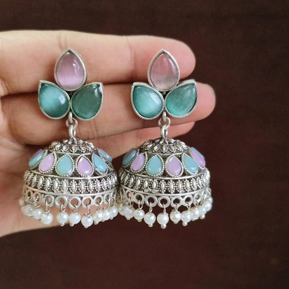 Set di gioielli da sposa indiani Polki, collana girocollo in argento, orecchini Jhumka - Italia