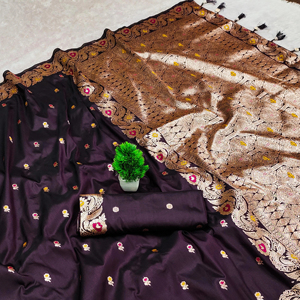 Sari en soie Banarasi Dhwaja Export Premium avec chemisier, doux, formel, orné de Zari cuivré, séchage rapide, toutes saisons, pour mariages - Product Image 1