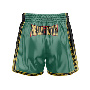 กางเกงชกมวย Healy สำหรับผู้ชาย สีเขียวทอง พิมพ์ลายโลโก้ด้วยเทคนิค Sublimation ผลิตจากโพลีเอสเตอร์ ยืดหยุ่นได้ เหมาะสำหรับศิลปะการต่อสู้ ทรงปกติ สำหรับผู้ใหญ่ - Product Image 2