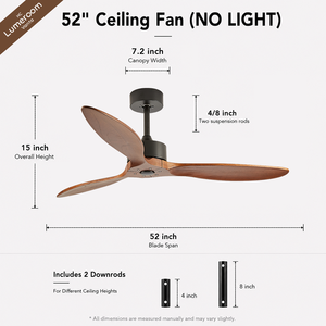 52 Inch 3 Blade Solid Wood Ceiling Fan Without <b>Light</b> <b>Remote</b> <b>Control</b> Reversible DC Motor for Bedroom Living Room - Product Image 6