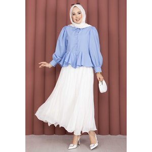 Camisa de Gasa Azul Vintage con Volantes y Falda para Mujer, Talla XL, para Uso Diario o Formal, con Decoración de Botones Tejidos, para Primavera/Verano/Otoño - Product Image 3