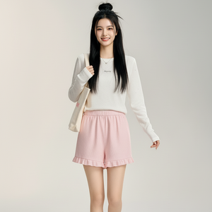 Good Quality <b>Women</b> Fashion Ribbed Knit Breathable Ruffle Hem High Elastic <b>Shorts</b> Casual Lounge OEM ODM Vietnam Manufacturer - Product Image 1