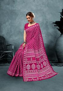 Puro pesado Malai algodón Ajarakh impreso Sari para mujeres venta en línea - Product Image 4