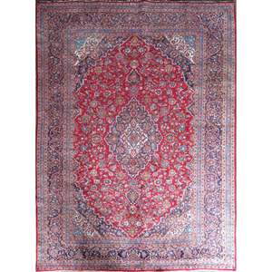Tapis en coton et laine noué à la main de haute qualité, motif médaillon, bordure rouge et bleue, rectangulaire, design vintage, pour tapis de sol extérieur - Product Image 1