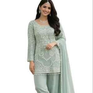 Elegant Precious Color O Neck Style Pure Silk Fabric Heavy Embroidery & Beads Work <b>Three</b> Piece Salwar Suit At Reasonable Rate - Product Image 1