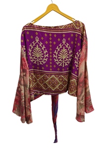 Vestido corto de seda con parte superior de tamaño libre, Top cruzado de tela Sari vintage, Top bohemio con estampado floral - Product Image 6