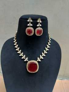 Bridal Kundan Choker Necklace and <b>Jhumka</b> <b>Earrings</b> Set with Red Beads and American Diamonds for Weddings and Parties - Product Image 2