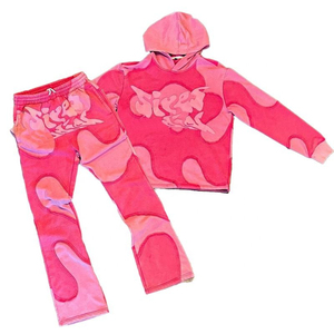 Custom High Quality Acid Wash 100% Cotton Streetwear Distressed Embroidered Patch Tracksuits Pullover Hoodie and <b>Sweatpants</b> <b>Set</b> - Product Image 1