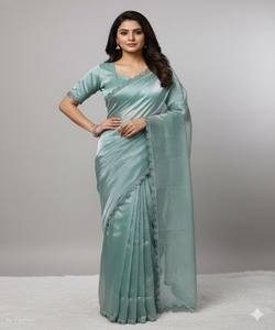 Sari Moderno GMY de Seda con Bordado de Encaje Hecho a Mano y Blusa Sin Coser, para Fiestas, Bodas y Eventos Festivos, Color Cielo - Product Image 1