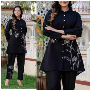 Ensemble de costume 2 pièces pour femmes, décontracté, imprimé floral brodé, manches longues, tissu en toile 100% coton, écologique et respirant - Product Image 4