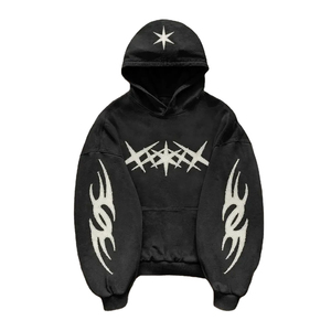 2025 <b>Black</b> Star Patch Winter Fleece 100% Cotton Regular Fit Embroidered Hooded Sweatshirt Streetwear Unisex Hoodie - Product Image 1