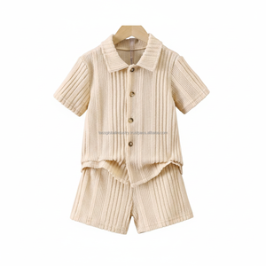 Summer Kids Ribbed Clothing Set Short Sleeve Button <b>Up</b> Shirt and Shorts 2Pcs Toddler <b>Boy</b> Girl Casual Waffle Knit Outfits - Product Image 1