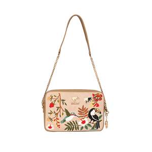 Vegan Leather Square Shape Shoulder Bag with Chain Strap and Embroidery Logo for Women Beige 1-1.9L Capacity Priglob Exim - Product Image 1
