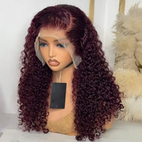 Vente en gros 99J rouge doublement dessiné frisé 13x4 hd dentelle frontale perruques cheveux humains dentelle frontale brésilienne cheveux humains courts Bob perruques