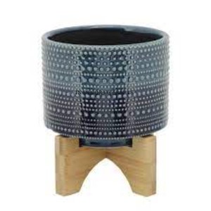 Customized Size & Logo Available Blue Color Antique Fancy Designer Superior Quality Metal Round Shape <b>Planter</b> With <b>Wooden</b> Stand - Product Image 1