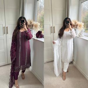 Presenting Heavy Designer Faux Georgette Heavy Embroidery Sequence Work Long Top <b>and</b> Pant With Sequence Cut Work Dupatta - Product Image 1