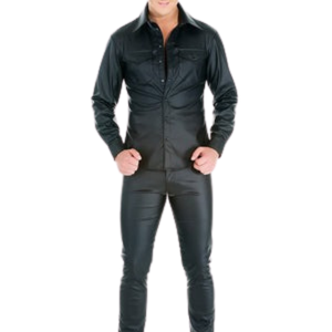 เสื้อเชิ้ตแขนยาวหนังเทียมสีดำทรงเข้ารูปสำหรับผู้ชาย กระดุมหน้า สไตล์เฟติช - Product Image 4