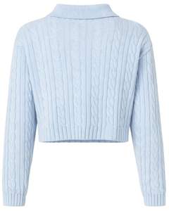 Customized Womens Light Blue Cropped <b>Cable</b> <b>Knit</b> Polo <b>Sweater</b> Long Sleeve Ribbed Hem Button Placket Casual Winter Pullover Top - Product Image 2