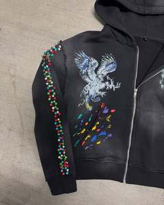 Venta al por mayor Unisex Vintage estampado gráfico Sun Faded multicolor ácido lavado Sudadera con capucha personalizado pesado 100% algodón Rhinestone - Product Image 5