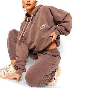 Venta al por mayor de chándal de mujer de la mejor calidad logotipo personalizado 100% algodón de gran tamaño lavado ácido conjunto para mujeres lavado ácido pantalones de chándal y top - Product Image 6