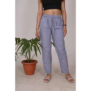 Womens Handloom Cotton Pajamas Check Print Nightwear Pants with <b>Elastic</b> <b>Waistband</b> Relaxed Fit Sleep Trousers - Product Image 1