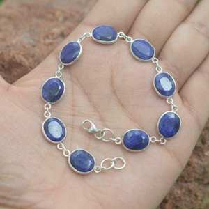 Bracelet ajustable en argent sterling 925 avec saphir bleu facetté, pierre précieuse ovale, fait à la main, bijoux pour femmes, cadeau - Product Image 1