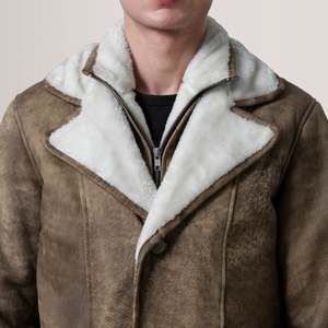 Distressed Brown Leather <b>Shearling</b> Overcoat Waterproof Hooded Long Winter <b>Coat</b> - Product Image 6