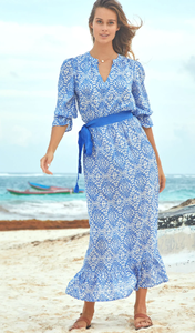 Nouveau femmes imprimé fleuri longue robe 3/4 manches volants chevilles léger tissé tissu naturel taille plage Resort porter - Product Image 4