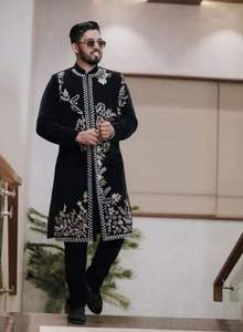 NUEVO-DAGNLING ATIYALIBAS NOVIO NEGRO SHERWANI PANT VESTIDO EMBELLECIDO CRISTAL BEADSSTONE DABKA TRABAJO LANA/MATERIAL DE SEDA PLUS - Product Image 2