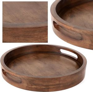 Bandeja redonda de madera de bambú para servir con asa para mesa de té y café Plato decorativo de almacenamiento de alimentos - Product Image 4