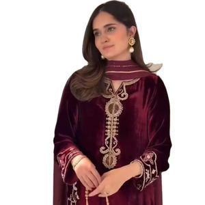 Salwar de Fiesta de una Sola Pieza para Mujer, Corte Recto, Bordado con Pedrería Multicolor en Color Granate, Tela de Terciopelo de Viscosa - Product Image 1