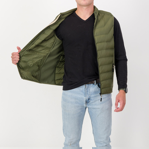Men's Olive Green Puffer Vest Stand Collar Zipper Closure Windproof Casual Autumn Wear Regular Fit Solid Color Polyester <b>Wadding</b> - Product Image 4