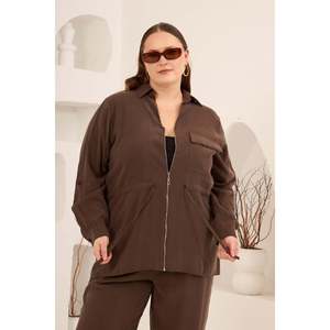 Veste grande taille pour femme avec manches plissées et détail taille à cordon, marron - Product Image 4