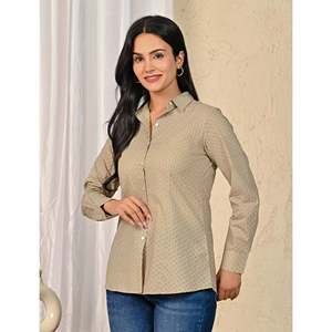 Chemise ample pour femme en coton vert imprimé, manches longues, logo brodé, style décontracté, boutons tissés, longueur longue, saison automne - Product Image 5