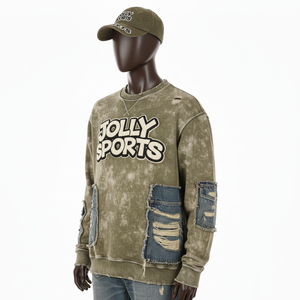 Sudadera Básica de Felpa Suave de 360 g/m², Color Caqui, con Paneles de Mezclilla, Logotipo Personalizado Bordado y Apliques - Product Image 5