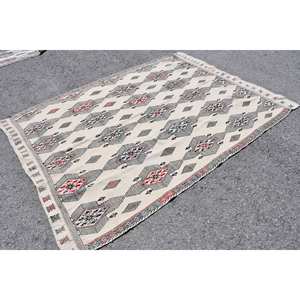 พรมสไตล์ตุรกีโบราณชาติพันธุ์5.5x7.8ฟุตผ้าขนสัตว์สีขาวคลาสสิกลายสี่เหลี่ยมปะต่อ3D ห้องอาหารน้ำยาง - Product Image 3