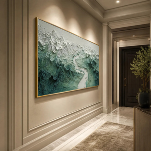 Tableau sur toile Paysage alpin texturé en impasto avec rivière, cadre doré, style contemporain, décoration intérieure - Product Image 1