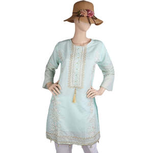 Women's Fancy Embroidered <b>Kurti</b> - Cyan - Product Image 4
