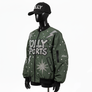 Chaqueta Bomber para mujer, tela de nailon Premium, verde oliva, adorno de diamantes de imitación, logotipo personalizado, diseño de cristal, chaquetas Bomber para mujer - Product Image 5