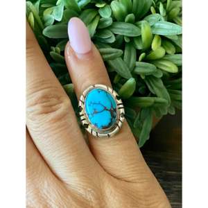 Peggy Skeets Handmade <b>Statement</b> <b>Ring</b> in Turquoise & Sterling <b>Silver</b> Bezel Set Pear Shape Size 4.5 Everyday Wear - Product Image 2