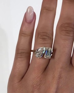 Toi Et Moi Emerald 7x9mm & Pear 7x10mm Moissanite Diamond <b>Two</b> <b>Stone</b> Engagement <b>Ring</b> | 18K Gold Plated Minimalist Bridal Jewelry - Product Image 3