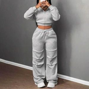 Survêtement pour femmes, sweat à capuche à fermeture éclair et pantalon large, ensemble 2 pièces, vêtements de sport décontractés, tenue de détente - Product Image 5