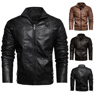 Blouson bombardier moto en faux cuir pour hommes, col montant, polaire, coupe-vent, léger, manteaux de course, vêtements d'extérieur, rouge - Product Image 1