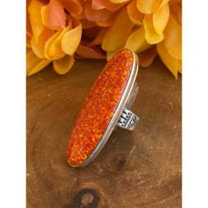 Patrick Yazzie Orange <b>Opal</b> Sterling Silver <b>Ring</b> Size 6 Bezel Set Cushion Cut Micron <b>Gold</b> Plated Animal Pattern Everyday Wear - Product Image 4