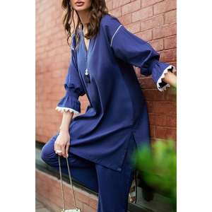 Ensemble coordonné bleu marine froissé et teint pour femme, asymétrique, trois-quarts, décontracté, tendance, en crêpe, taille XS, pour tenues de bureau - Product Image 3