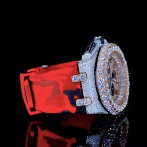 Customized Luxury Analog Display Watch High Quality Two Tone Iced Moissanite Diamond Red Rubber Hip Hop Style 22mm Band <b>Glass</b> - Product Image 2