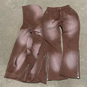 2025 nueva llegada personalizado lavado Vintage bordado sol se desvaneció cremallera completa chándales sudaderas con capucha hombres pantalones de chándal acampanados conjunto con capucha - Product Image 5
